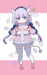 1girl backpack bag blue_eyes blue_hairband blush capelet child closed_mouth donut dot_mouth dragon_horns dragon_tail eyebrows_hidden_by_hair flat_chest food full_body hairband highres horns kanna_kamui kobayashi-san_chi_no_maidragon long_hair looking_at_viewer nagi_(pickles_pipipi) pink_background pink_shoes popsicle purple_hair randoseru shoes solo tail thighhighs twintails two-tone_background white_background white_capelet white_thighhighs