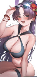 1girl absurdres adjusting_eyewear bare_arms bare_shoulders bikini black_bikini blue_archive blue_flower blush breasts cleavage dreamtokitty eyewear_on_head flower hair_flower hair_ornament highres large_breasts long_hair looking_at_viewer navel official_alternate_costume official_alternate_hairstyle open_mouth parted_bangs ponytail purple-framed_eyewear purple_eyes purple_hair red_flower solo stomach sunglasses swimsuit thigh_strap yukari_(blue_archive) yukari_(swimsuit)_(blue_archive)