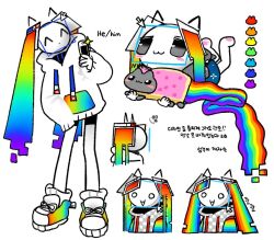 1boy bomal1215 cellphone character_pronouns cursor emoticon flip_phone full_body hood hoodie kaomoji korean_text long_hair long_sleeves male_focus multicolored_hair multiple_views nyan_cat original phone rainbow_hair rainbow_shoes translation_request twintails very_long_hair white_hoodie