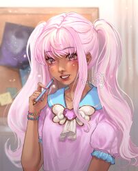 1girl aegyo_sal artist_name blue_nails bow bowtie bracelet breasts brooch bulletin_board clip_studio_paint_(medium) collared_shirt commentary curtains dark-skinned_female dark_skin english_commentary eyebrows_hidden_by_hair facial_mark frilled_sleeves frills grin hair_over_shoulder hand_up heart heart_brooch heart_facial_mark highres holding holding_pen indoors jewelry light_particles looking_ahead multicolored_nails nail_polish pen pink_brooch pink_eyes pink_hair pink_nails pink_shirt poppy_(royale_high) poster_(object) puffy_short_sleeves puffy_sleeves red_lips roblox royale_high shirt short_sleeves sidelocks small_breasts smile solo star_(symbol) star_facial_mark sticky_note twintails upper_body wavy_hair white_bow white_bowtie yuu_(yuutoe)