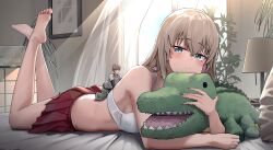 Rule 34 | 1boy, 1girl, :|, absurdres, barefoot, blue eyes, blush, bra, closed mouth, commission, display, girls und panzer, green pants, grey hair, hanabusaraleigh, highres, holding, itsumi erika, lamp, long hair, looking at viewer, military vehicle, mini person, motor vehicle, painting (object), pants, plant, potted plant, red skirt, shoes, short hair, skirt, smile, stuffed animal, stuffed crocodile, stuffed toy, sunlight, tank, tiger ii, underwear, white bra, white shoes, white skirt, window