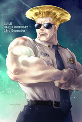 Rule 34 | 1boy, angie (kani-ga-tobuna), blonde hair, cowboy shot, fist in hand, guile, happy birthday, looking to the side, male focus, muscular, muscular male, shirt tucked in, short hair, solo, standing, street fighter, sunglasses, tsurime, wrinkled skin