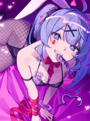1girl ace_(playing_card) ace_of_hearts ahoge akabino animal_ears bare_shoulders black_leotard black_ribbon blue_eyes blue_hair bow bowtie breasts broken_handcuffs card card_in_mouth cleavage collarbone cuffs facial_mark fake_animal_ears fishnet_pantyhose fishnets from_above hair_intakes hair_ornament hair_ribbon handcuffs hatsune_miku heart heart_ahoge heart_hair_ornament highres leotard light_blush medium_breasts mouth_hold multicolored_hair necktie object_in_bra pantyhose pink_hair pink_nails pink_pupils pink_theme playboy_bunny playing_card rabbit_ears rabbit_hair_ornament rabbit_hole_(vocaloid) red_bow red_bowtie red_necktie ribbon smile solo teardrop_facial_mark teeth twintails vocaloid x_hair_ornament