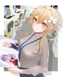 1girl absurdres blonde_hair blush breasts chair closed_mouth computer flower genshin_impact grey_shirt hair_between_eyes hair_flower hair_ornament highres holding hotaboshi_yazuki indoors computer_keyboard large_breasts long_sleeves lumine_(genshin_impact) monitor mouse_(animal) office_chair pants shirt short_hair_with_long_locks sidelocks solo swivel_chair white_flower yaduki100 yellow_eyes