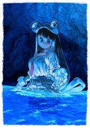 Rule 34 | 1girl, :&gt;, asui tsuyu, boku no hero academia, border, cave, cave interior, eyelashes, gloves, goggles, goggles on head, hair rings, highres, horikoshi kouhei, long hair, low-tied long hair, necktie, partially submerged, school uniform, solo, u.a. school uniform, very long hair, wet, wet clothes, white border, wide-eyed