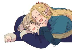2girls blonde_hair blue_robe blush bow closed_eyes dungeon_meshi elf falin_touden green_robe grey_hair hair_bow highres long_hair marcille_donato messy_hair multiple_girls open_mouth parted_bangs pointy_ears red_bow robe short_hair sketch sleeves_past_wrists smile tama_._kogifu upper_body white_background yuri
