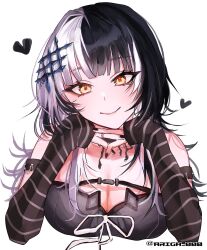 Rule 34 | 1girl, ariga 000, arm strap, black arm warmers, black choker, black dress, black hair, black nails, breasts, choker, cleavage, closed mouth, dress, heart, highres, hololive, hololive english, large breasts, long hair, looking at viewer, multicolored hair, ribbon, shiori novella, shiori novella (1st costume), smile, solo, split-color hair, striped arm warmers, twitter username, two-tone hair, virtual youtuber, white background, white hair, white ribbon, yellow eyes