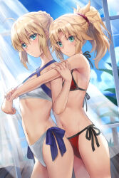 2girls ahoge artoria_pendragon_(fate) bare_shoulders bikini blonde_hair blue_ribbon blue_sky blush braid breasts choker closed_mouth commentary_request criss-cross_halter expressionless fate/apocrypha fate/grand_order fate/stay_night fate_(series) french_braid green_eyes hair_bun hair_ribbon halterneck highres long_hair looking_at_viewer mordred_(fate) mordred_(fate/apocrypha) mother_and_daughter multiple_girls navel parted_bangs ponytail ribbon saber_(fate) side-tie_bikini_bottom sidelocks sky small_breasts stomach swimsuit tonee
