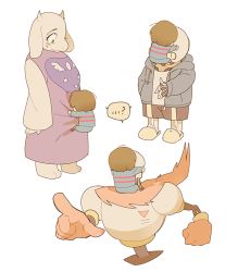 ... 1girl 2boys ? androgynous denbaa frisk_(undertale) furry hood hoodie hug multiple_boys papyrus_(undertale) pointing sans_(undertale) scarf simple_background size_difference skeleton spoken_ellipsis spoken_question_mark sweatdrop toriel undertale