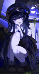 1girl :d absurdres black_hair black_hat black_jacket black_shoes blue_eyes blue_necktie blush collared_shirt finger_to_mouth hand_up hat highres jacket karou_(lhscck302) long_hair long_sleeves looking_at_viewer mole mole_under_eye necktie newsboy_cap off_shoulder open_clothes open_jacket open_mouth original pantyhose puffy_long_sleeves puffy_sleeves shirt shoes smile solo squatting teeth white_pantyhose white_shirt