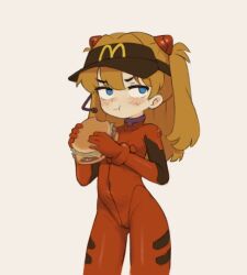 Rule 34 | 1girl, blue eyes, bodysuit, brown hair, burger, closed mouth, commentary, cowboy shot, eating, english commentary, food, furrowed brow, hair between eyes, hair ornament, hands up, headset, holding, holding burger, holding food, interface headset (evangelion), light blush, long hair, looking to the side, mcdonald&#039;s, mecha pilot suit, neon genesis evangelion, no pupils, plugsuit (evangelion), qtkat, red bodysuit, sidelocks, simple background, solo, souryuu asuka langley, standing, straight hair, two side up, visor cap, white background
