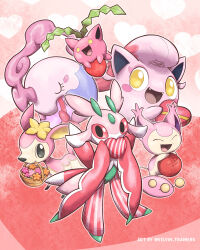 :d basket blush_stickers box closed_eyes commentary deerling eyelashes fangs flower game_freak gen_2_pokemon gen_3_pokemon gen_5_pokemon gen_7_pokemon heart-shaped_box highres holding hoppip kelvin-trainerk lurantis musharna nintendo no_humans open_mouth pokemon pokemon_(creature) pokemon_focus scream_tail skitty smile tongue twitter_username u_u valentine yarn yarn_ball yellow_eyes