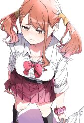 Rule 34 | 1girl, anjou naruko, ano hi mita hana no namae wo bokutachi wa mada shiranai., black socks, blush, bow, bowtie, clothes grab, collarbone, earrings, hair ornament, hairclip, highres, jewelry, kneehighs, loose bowtie, nyoijizai, pink scrunchie, pink skirt, pleated skirt, red eyes, red hair, school uniform, scrunchie, shirt grab, single sidelock, skirt, skirt grab, socks, solo focus, wavy mouth, wrist scrunchie