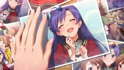 Rule 34 | 1girl, akizuki ritsuko, amami haruka, blue hair, blush, bracelet, brooch, brown eyes, closed eyes, commentary request, fingernails, futami ami, futami mami, game cg, hairband, hands up, happy, idolmaster, idolmaster (classic), idolmaster million live!, idolmaster million live! theater days, jewelry, kisaragi chihaya, lens flare, light particles, long hair, long sleeves, official art, open mouth, photo (object), puffy sleeves, smile, takatsuki yayoi, takayama sayoko, third-party source, yabuki kana