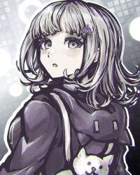 Rule 34 | 1girl, :o, animal bag, blush, brown hair, cat bag, danganronpa (series), danganronpa 2: goodbye despair, from behind, galaga, hair ornament, highres, jacket, looking at viewer, looking back, medium hair, nanami chiaki, pink bag, pink eyes, spaceship hair ornament, tsukihi shida