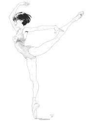 1girl absurdres arm_up ballet ballet_slippers breasts dated full_body greyscale highres leotard monochrome neworz original simple_background small_breasts solo white_background