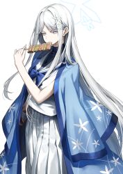 1girl blue_archive blue_bow blue_bowtie blue_haori bow bowtie colored_eyelashes commentary_request food grey_eyes hair_intakes hair_ornament halo haori highres holding holding_skewer japanese_clothes long_hair nagusa_(blue_archive) pleated_skirt school_uniform serafuku shirt simple_background skewer skirt solo white_background white_eyelashes white_eyes white_halo white_serafuku white_shirt white_skirt yakitori yamanokami_eaka