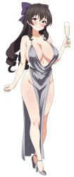 1girl arue_(konosuba) bare_shoulders black_hair blush bow breasts champagne_flute cleavage closed_mouth collarbone commentary cup dress drill_hair drill_sidelocks drinking_glass english_commentary evening_gown frixtied full_body groin hair_bow high_heels highres holding holding_cup jewelry kono_subarashii_sekai_ni_shukufuku_wo! large_breasts long_hair looking_at_viewer necklace no_bra purple_bow red_eyes shoes side_slit sidelocks silver_dress silver_shoes simple_background sleeveless sleeveless_dress smile solo standing thighs white_background