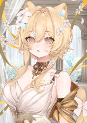 Rule 34 | 1girl, absurdres, aglaea (honkai: star rail), aglaea (honkai: star rail) (cosplay), animal ear fluff, animal ears, bare shoulders, blonde hair, bow, breasts, cat ears, cat tail, choker, cleavage, cosplay, dress, flower, genshin impact, hair flower, hair ornament, highres, honkai: star rail, honkai (series), large breasts, lumine (genshin impact), mihoyo, open mouth, sakusaku (616saku), short hair with long locks, solo, tail, tail bow, tail ornament, upper body, white bow, white dress, white flower, yellow eyes