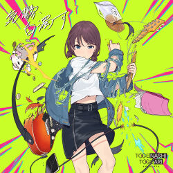 1girl absurdres album_cover anpan belt black_skirt blue_eyes book bread broken brown_hair cable carrying cellphone closed_mouth coin commentary_request cover denim denim_jacket emphasis_lines feet_out_of_frame food girls_band_cry guitar highres holed_coin instrument iseri_nina jacket looking_at_viewer official_art phone piggy_bank second-party_source shirt short_hair short_twintails skirt smartphone solo sparks standing teshima_nari torn_clothes torn_jacket twintails white_shirt wince yellow_background yen zipper zipper_skirt