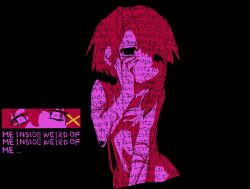 1girl black_background body_writing cover crossover derivative_work english_text hair_ornament iwakura_lain milk_inside_a_bag_of_milk_inside_a_bag_of_milk serial_experiments_lain shinsekai_(z_o10) solo tank_top video_game_cover video_game_cover_redraw white_tank_top x_hair_ornament