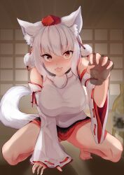 1girl 1other absurdres animal_ear_fluff animal_ears assertive_female barefoot black_skirt blush breasts commentary_request detached_sleeves drunk fang full_body genrou_mof hat heart heart-shaped_pupils highres holding_hands indoors interlocked_fingers inubashiri_momiji large_breasts leaf looking_at_viewer maple_leaf open_mouth orange_eyes pom_pom_(clothes) pov pov_hands red_hat red_skirt ribbon-trimmed_sleeves ribbon_trim shirt short_hair shouji skirt sleeveless sleeveless_shirt sliding_doors smile solo_focus symbol-shaped_pupils tail tokin_hat touhou two-tone_skirt white_hair white_shirt white_sleeves wolf_ears wolf_girl wolf_tail