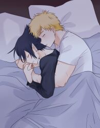 Rule 34 | 2boys, absurdres, amajiki tamaki, bed, black shirt, blonde hair, blue hair, boku no hero academia, closed eyes, commentary, couple, crew neck, dark blue hair, hand on another&#039;s hand, highres, hug, hug from behind, long sleeves, lying, male focus, multiple boys, multiple scars, nano (marronmousse), on bed, on side, parted lips, pillow, pointy ears, scar, scar on arm, shirt, short hair, short sleeves, sleeping, spooning, symbol-only commentary, t-shirt, togata mirio, under covers, white shirt, yaoi