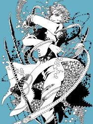 1boy aqua_theme bangle blue_background blue_theme bracelet color_background earrings gakuran greyscale_with_colored_background hierophant_green jewelry jojo_no_kimyou_na_bouken kakyoin_noriaki m/ male_focus monochrome nosuke_(umiboshi) oekaki school_uniform solo stand_(jojo) stardust_crusaders tegaki