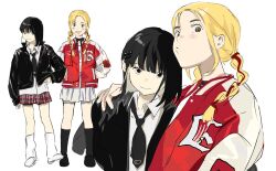 2girls animification arm_around_shoulder black_eyes black_hair black_jacket black_necktie black_socks blonde_hair braid collared_shirt commentary hair_behind_ear hand_on_own_hip hands_in_pockets head_tilt highres huh_yun-jin jacket k-pop k_k_2443 kim_chae-won le_sserafim letterman_jacket long_hair looking_at_viewer multiple_girls multiple_views necktie plaid_clothes plaid_skirt real_life red_skirt shirt short_hair skirt smile socks symbol-only_commentary twin_braids white_background white_footwear white_shirt white_skirt white_socks