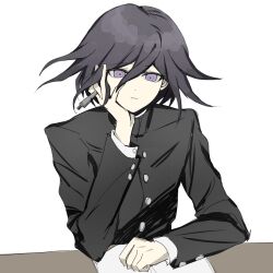 1boy black_hair buttons closed_mouth danganronpa_(series) danganronpa_v3:_killing_harmony desk expressionless flipped_hair gakuran hair_between_eyes highres jacket long_sleeves looking_at_viewer male_focus medium_hair oma_kokichi pen purple_eyes purple_hair ringed_eyes school_uniform simple_background solo upper_body white_background xiaoxinxiaoxin