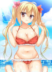 1girl ahoge arihara_nanami bare_arms bare_shoulders bikini blonde_hair blue_sky blush breasts cameltoe cleavage closed_mouth commentary_request cowboy_shot day eyelashes eyes_visible_through_hair fingernails flower frilled_bikini frills fuyukichi_(nikoniko1567) gluteal_fold groin hair_between_eyes hair_flower hair_ornament halterneck hands_up happy highres holding holding_own_hair kneeling large_breasts lips long_hair looking_at_viewer navel ocean official_alternate_costume official_alternate_hairstyle outdoors red_bikini red_eyes red_flower riddle_joker shiny_skin skindentation sky smile solo sparkle sunlight swimsuit thigh_gap thighs twintails variant_set very_long_hair w_arms wet