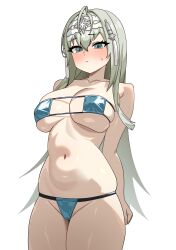 Rule 34 | 1girl, absurdres, ahoge, arms behind back, bare arms, bare shoulders, bikini, blue bikini, blue eyes, blush, breasts, cleavage, closed mouth, collarbone, commission, cowboy shot, epic seven, eyepatch bikini, grey hair, hair ornament, headband, highres, large breasts, long hair, looking at viewer, myangdu, navel, politis (epic seven), simple background, solo, stomach, string bikini, sweatdrop, swimsuit, thighs, very long hair, white background