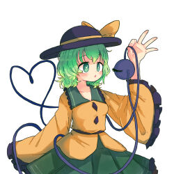 1girl absurdres black_hat blush bow buttons commentary_request cookie_(touhou) cowboy_shot diamond_button frilled_shirt_collar frilled_sleeves frills green_eyes green_hair green_skirt hat hat_bow heart heart_of_string highres komeiji_koishi long_sleeves momomo_(cookie) muimui_(4242564muimui) open_mouth shirt short_hair simple_background skirt solo third_eye touhou white_background yellow_bow yellow_shirt