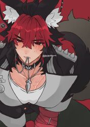 1boy animal_ear_piercing animal_ears black_collar black_hair black_pants blush collar collarbone commentary_request dog_boy dog_ears dog_tail dot_nose earrings feet_out_of_frame hair_between_eyes highres inuinuinu_u jacket jewelry komano_manato male_focus multicolored_hair multiple_earrings necklace necklace_in_mouth open_clothes open_jacket pants piercing red_eyes red_hair scar scar_on_chest scar_on_face shirt solo spiked_jacket sweatdrop tail white_shirt zenless_zone_zero
