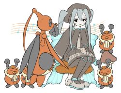 1girl arm_support beamed_eighth_notes black_eyes blue_hair blue_wings brown_cape brown_dress brown_headwear brown_necktie bug_miku_(project_voltage) butterfly_wings cape commentary_request dress eighth_note eyeshadow fake_wings full_body gen_4_pokemon grey_eyeshadow hair_between_eyes hair_through_headwear hands_on_own_cheeks hands_on_own_face hands_up hatsune_miku head_rest insect_wings korean_commentary kricketot kricketune long_hair long_sleeves makeup mushroom musical_note musical_staff necktie nintendo open_mouth pokemon pokemon_(creature) project_voltage quarter_note shoes sitting smile solo twintails very_long_hair vocaloid white_background wings yomang_(yomang-2020)