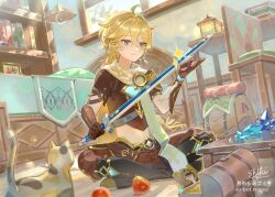 Rule 34 | 1boy, aether (genshin impact), ahoge, animal, animal ears, apple, armor, baggy pants, belt, black boots, blonde hair, book, book stack, bookshelf, boots, braid, brown belt, brown gloves, brown pants, brown shirt, cat, cat ears, cat tail, closed mouth, coin, crossed legs, crystal, earrings, food, fruit, gauntlets, genshin impact, gloves, gold coin, gold trim, hair between eyes, hair ornament, hair ribbon, hands up, highres, holding, holding sword, holding weapon, indoors, jewelry, lamp, lantern, long hair, looking at object, low-braided long hair, low-tied long hair, male focus, midriff, navel, pants, pear, pet, picture frame, ribbon, scarf, shadow, shirt, short sleeves, shoulder armor, single earring, smile, sparkle, star (symbol), sunlight, sword, table, tail, treasure chest, weapon, white cat, white ribbon, white scarf, window, wooden floor, yellow eyes, zashikino shiki