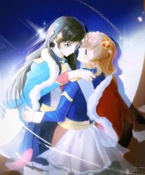 2girls aijou_karen black_hair blue_background blue_eyes blue_jacket blue_skirt blush brown_eyes brown_hair closed_mouth cowboy_shot crown epaulettes face-to-face fur-trimmed_jacket fur_trim gradient_background hair_between_eyes hair_ornament hand_up hashtag-only_commentary highres jacket jacket_on_shoulders kagura_hikari light_particles long_hair looking_at_another mini_crown miniskirt multicolored_jacket multiple_girls one_side_up pleated_skirt profile red_jacket red_sash red_skirt sash see-through_clothes shadow short_hair shoujo_kageki_revue_starlight shoulder_sash single_stripe skirt sparkle sparkle_hair_ornament standing sy031219 tassel tilted_headwear two-tone_jacket waist_cape white_background white_jacket white_sash yuri
