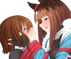 2girls :p animal_ears black_gloves black_shirt blue_coat blunt_bangs blush brown_hair closed_eyes closed_mouth coat commentary_request female_trainer_(umamusume) fingerless_gloves gloves highres hisagi_(hisagi00) horse_ears horse_girl looking_at_another medium_hair multicolored_hair multiple_girls red_eyes roots_(hair) shirt short_hair simple_background smile tongue tongue_out trainer_(umamusume) transcend_(umamusume) umamusume upper_body white_background yuri