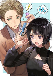 ! 1boy 1girl absurdres annoyed black_hair blonde_hair blue_background blush bob_cut border bottle brown_sweater brushing_another&#039;s_hair brushing_hair comb echika_hieda green_eyes harold_w._lucraft highres holding holding_comb long_sleeves mole mole_on_cheek open_mouth outside_border pomu_(joynet) purple_eyes second-party_source spoken_exclamation_mark spray_bottle sweatdrop sweater upper_body v-neck white_border your_forma