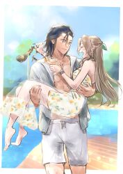 1boy 1girl aerith_gainsborough aerith_gainsborough_(citric_dress) alternate_costume bare_shoulders barefoot black_hair blue_eyes blue_sky blurry blurry_background blush border bracelet brown_hair carrying closed_eyes closed_mouth cloud cloudy_sky collarbone commentary couple cowboy_shot cup dress drink earrings facing_another feet final_fantasy final_fantasy_vii final_fantasy_vii_ever_crisis food-themed_earrings food_print food_themed_earrings from_side fruit_print full_body grey_shorts hair_between_eyes hair_slicked_back highres holding holding_cup holding_drink holding_footwear holding_shoes holding_unworn_clothes jacket jewelry juice long_hair looking_at_another male_swimwear ninnin5tora official_alternate_costume open_clothes open_jacket open_mouth orange-shaped_earrings orange_juice orange_print outdoors outside_border parted_lips pectorals pool poolside princess_carry print_dress profile see-through_clothes see-through_skirt shoes shorts skirt sky smile strapless strapless_dress swim_trunks symbol-only_commentary toned toned_male unworn_shoes water white_border zack_fair