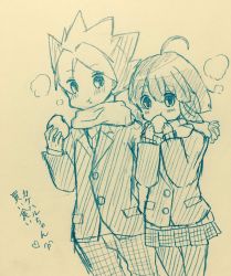 1boy 1girl eating food haruka_(saru_getchu) japanese_text kakeru_(saru_getchu) monochrome ohighres pointy_hair saru_getchu scarf school_uniform short_hair skirt sony translation_request