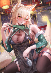 Rule 34 | 1girl, absurdres, animal ear fluff, animal ears, black thighhighs, blonde hair, blush, bottle, breasts, commission, detached sleeves, folding fan, fox ears, fox girl, fox tail, fur-trimmed sleeves, fur trim, green sleeves, hand fan, highres, holding, holding bottle, holding fan, kirisamede gzr, kneeling, large breasts, long hair, original, sake bottle, see-through cleavage, see-through clothes, skeb commission, solo, suirin (tukikagerou), tail, tassel, taut clothes, thighhighs, tongue, yellow eyes