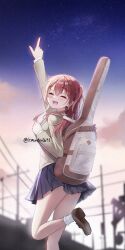 Rule 34 | 1girl, backpack, bag, blurry, blurry background, blush, bocchi the rock!, breasts, building, cityscape, closed eyes, cloud, commentary, from behind, gluteal fold, guitar, guitar case, hair between eyes, highres, holding, holding bag, instrument, instrument case, kita ikuyo, lemon t, long sleeves, medium hair, miniskirt, open mouth, outdoors, pleated skirt, pointing, pointing up, red hair, road sign, school uniform, shoes, shuka high school uniform, side ponytail, sidelocks, sign, signature, skirt, sky, skyline, small breasts, smile, socks, solo, star (sky), starry sky, sunset, thighs, tower, transmission tower, twitter username, upskirt, white socks, wire