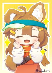 1girl :3 :d ^_^ ahoge animal_ear_fluff animal_ears belt blush bone_hair_ornament border brown_hair brown_tail cartoon_bone chibi clenched_hands closed_eyes dog_ears dog_girl dog_tail dress facing_viewer fang fangs gradient_background hair_between_eyes hair_ornament hairclip hands_up happy kalkal_vrc long_hair long_sleeves mamehinata open_mouth outline puffy_long_sleeves puffy_sleeves red_dress red_skirt shirt simple_background skirt sleeveless sleeveless_dress smile solo sparkle tail twitter_username upper_body very_long_hair vest visor_cap vrchat white_background white_outline white_shirt yellow_background