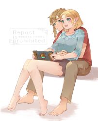 Rule 34 | 1boy, 1girl, :d, barefoot, black skirt, blue eyes, blush, brown pants, holding, invisible chair, link, nintendo, open mouth, pants, pointy ears, princess zelda, purah pad, red shirt, seri (yuukasakura), shirt, short sleeves, sitting, skirt, smile, the legend of zelda, the legend of zelda: tears of the kingdom, watermark, white background
