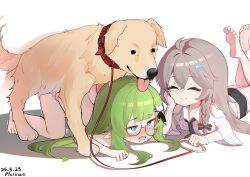 2girls absurdres animal_collar barefoot belt_collar bestiality blue_eyes braid chinese_commentary closed_mouth collar commentary_request completely_nude dog doggystyle feet_up glasses green_hair grey_hair highres loli long_hair lying multiple_girls nude on_stomach open_mouth original platinum-mix pointy_ears red_collar semi-rimless_eyewear sex sex_from_behind shirt side_braid simple_background under-rim_eyewear white_background white_shirt