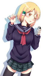10s 1girl :o black_sweater black_thighhighs blonde_hair blush breasts brown_eyes female_focus green_skirt hand_up hidaka_koharu high_score_girl highres looking_to_the_side medium_breasts plaid_clothes plaid_skirt red_neckwear school_uniform serafuku shadow short_hair skirt solo standing sweater thighhighs tokitoki_(commando) white_background