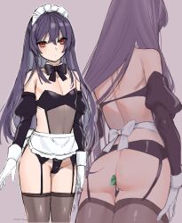 Rule 34 | 1boy, absurdres, anal, anal ball wear, anal object insertion, apron, ass, back, backless outfit, bare shoulders, black bow, black bowtie, black leotard, bow, bowtie, brown thighhighs, bulge, butt plug, closed mouth, commentary request, covered navel, cowboy shot, dated, detached sleeves, expressionless, facing away, from behind, garter belt, gloves, hair between eyes, highleg, highleg leotard, highres, jewel butt plug, leotard, long hair, looking at viewer, maid, maid headdress, male focus, male penetrated, multiple views, object insertion, original, puffy short sleeves, puffy sleeves, purple background, purple hair, red eyes, sex toy, short sleeves, sidelocks, signature, simple background, sketch, standing, strapless, strapless leotard, tawapo, thighhighs, trap, waist apron, white apron, white gloves