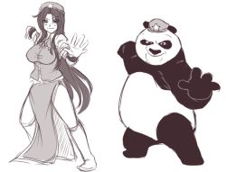 1boy 1girl alternate_hairstyle breasts china_dress chinese_clothes crossover dress fighting_stance hat hong_meiling kung_fu kung_fu_panda large_breasts long_hair martial_arts monochrome neko_majin panda po_(kung_fu_panda) sidelocks simple_background sketch star_(symbol) touhou very_long_hair white_background