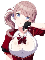 1girl :o arimon_(dfrgty12) arm_at_side black_gloves blue_eyes blush bow bowtie breasts brown_hair buttons collared_shirt commentary_request diagonal-striped_bow diagonal-striped_bowtie diagonal-striped_clothes eyebrows_hidden_by_hair fingerless_gloves gloves hair_ornament hair_scrunchie hand_on_own_cheek hand_on_own_face hand_up head_tilt highres jacket large_breasts long_hair mochizuki_honami open_mouth partially_unbuttoned project_sekai puffy_short_sleeves puffy_sleeves red_bow red_bowtie red_jacket scrunchie see-through_clothes see-through_shirt shirt short_sleeves side_ponytail simple_background solo striped_clothes sweat upper_body white_background white_shirt wiping_sweat